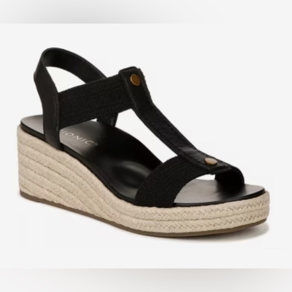Vionic Calera Espadrille Wedge Sandal Size 10 Black Comfort Strappy Leather - Picture 1 of 10